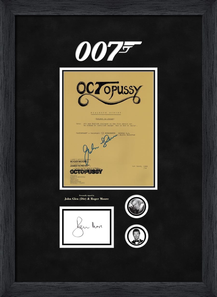 Octopussy Director John Glen Signed Script Cover With Roger Moore Signed Card - Memorabilia Framers Shop